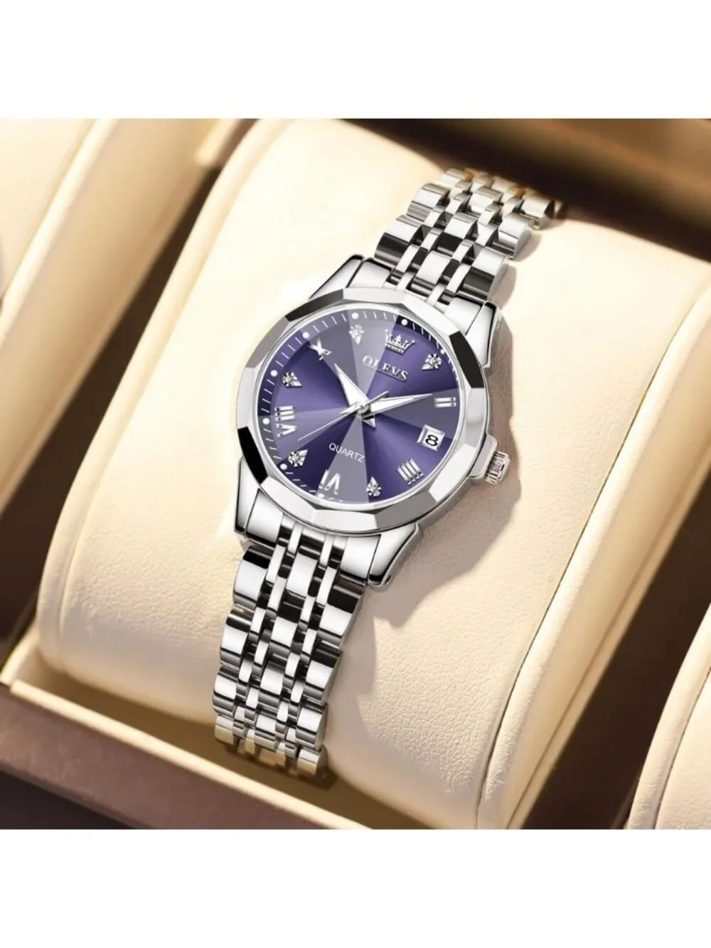 Women's Purple Diamond Silver Stainless Steel Waterproof Elegant Luxury Watch